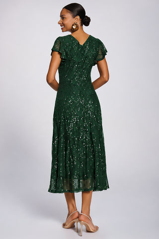 Sequin V-Neck Fit & Flare Maxi Dress, Dark Green