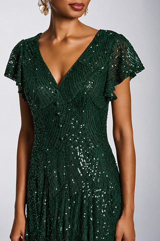 Sequin V-Neck Fit & Flare Maxi Dress, Dark Green