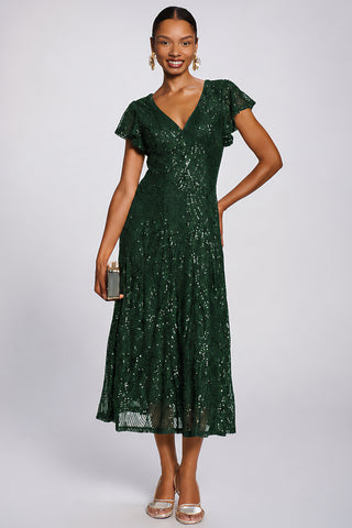 Sequin V-Neck Fit & Flare Maxi Dress, Dark Green