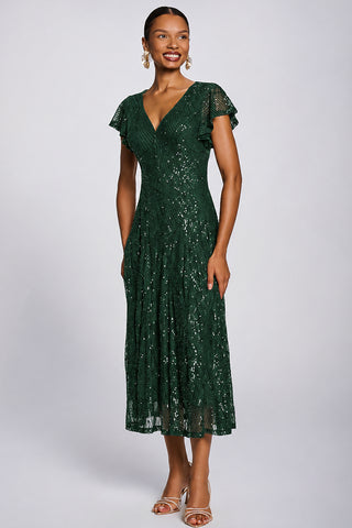 Sequin V-Neck Fit & Flare Maxi Dress, Dark Green