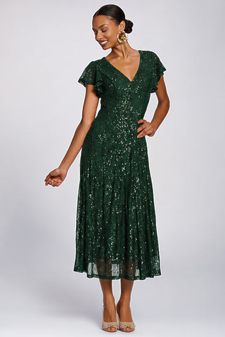 Sequin V-Neck Fit & Flare Maxi Dress, Dark Green