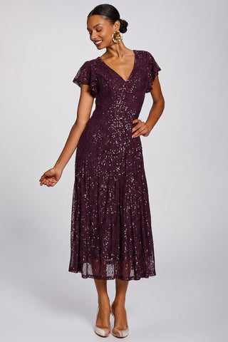 Sequin V-Neck Fit & Flare Maxi Dress, Deep Plum