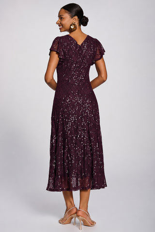 Sequin V-Neck Fit & Flare Maxi Dress, Deep Plum