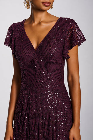 Sequin V-Neck Fit & Flare Maxi Dress, Deep Plum