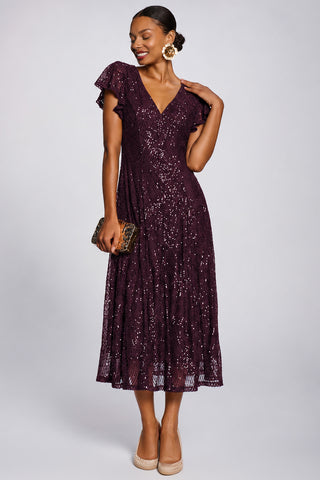 Sequin V-Neck Fit & Flare Maxi Dress, Deep Plum