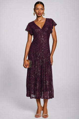 Sequin V-Neck Fit & Flare Maxi Dress, Deep Plum
