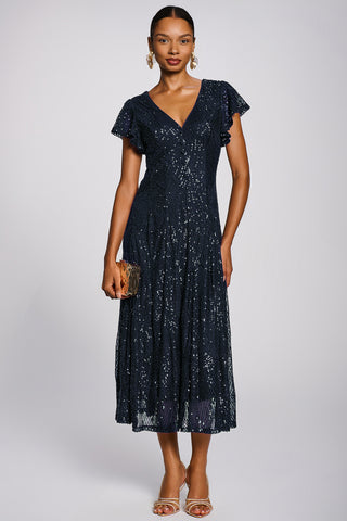 Sequin V-Neck Fit & Flare Maxi Dress, Navy