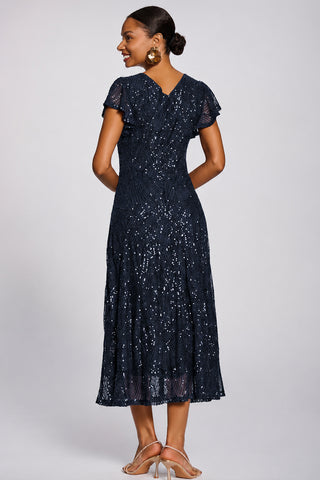 Sequin V-Neck Fit & Flare Maxi Dress, Navy