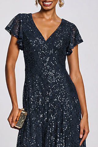 Sequin V-Neck Fit & Flare Maxi Dress, Navy