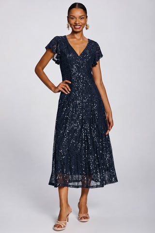 Sequin V-Neck Fit & Flare Maxi Dress, Navy
