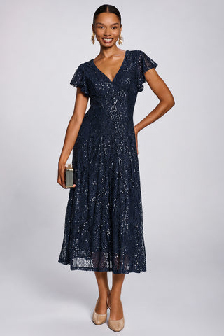 Sequin V-Neck Fit & Flare Maxi Dress, Navy