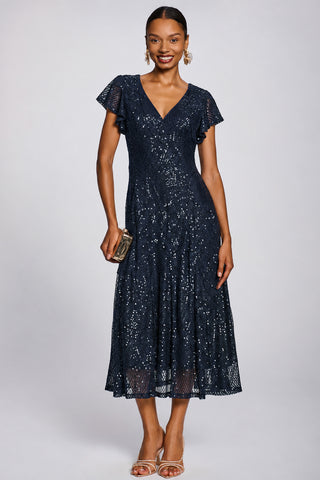 Sequin V-Neck Fit & Flare Maxi Dress, Navy
