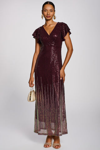 Placement Patterned Sequin Maxi Dress, Burgundy Multi