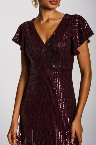 Placement Patterned Sequin Maxi Dress, Burgundy Multi