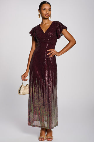 Placement Patterned Sequin Maxi Dress, Burgundy Multi