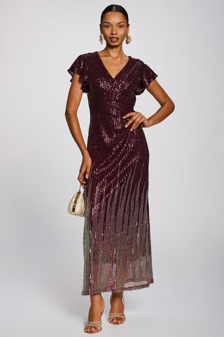 Placement Patterned Sequin Maxi Dress, Burgundy Multi