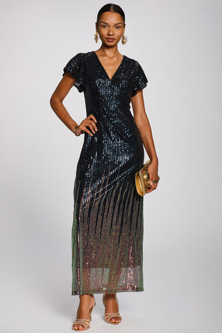 Placement Patterned Sequin Maxi Dress, Navy Multi