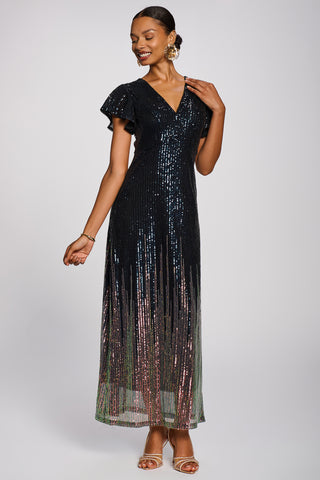 Placement Patterned Sequin Maxi Dress, Navy Multi