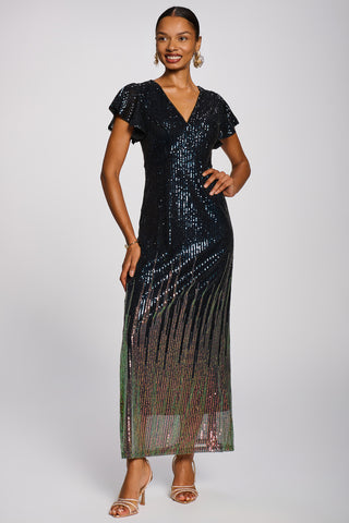 Placement Patterned Sequin Maxi Dress, Navy Multi