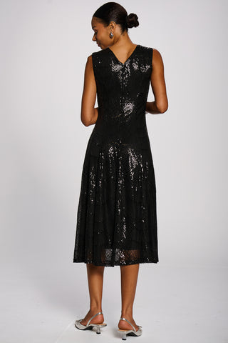 Patterned Sequin V-Neckline Midi Dress, Black