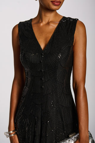 Patterned Sequin V-Neckline Midi Dress, Black