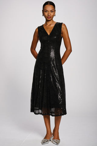 Patterned Sequin V-Neckline Midi Dress, Black
