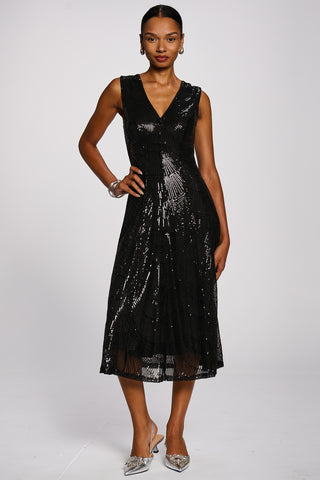 Patterned Sequin V-Neckline Midi Dress, Black