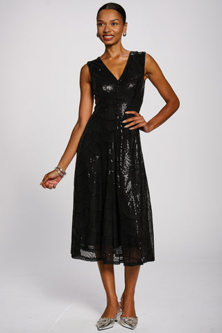 Patterned Sequin V-Neckline Midi Dress, Black