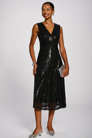 Patterned Sequin V-Neckline Midi Dress, Black