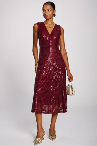 Patterned Sequin V-Neckline Midi Dress, Burgundy