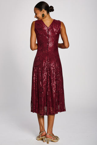 Patterned Sequin V-Neckline Midi Dress, Burgundy