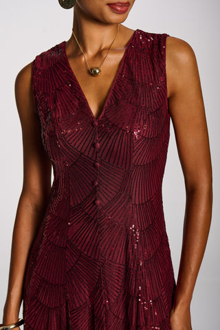 Patterned Sequin V-Neckline Midi Dress, Burgundy