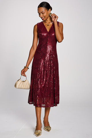 Patterned Sequin V-Neckline Midi Dress, Burgundy
