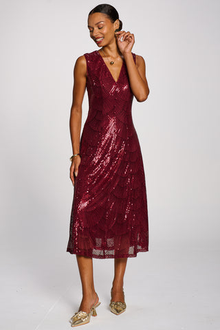 Patterned Sequin V-Neckline Midi Dress, Burgundy