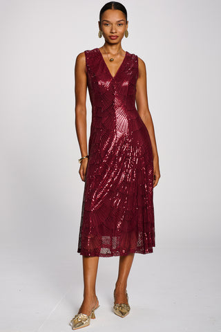 Patterned Sequin V-Neckline Midi Dress, Burgundy