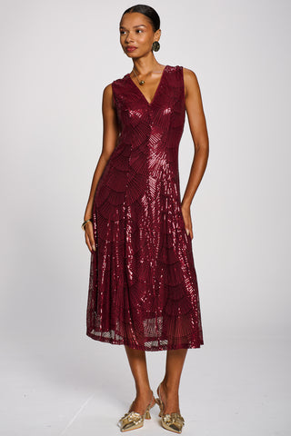 Patterned Sequin V-Neckline Midi Dress, Burgundy