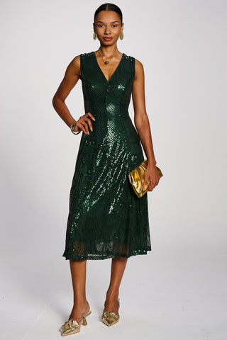 Patterned Sequin V-Neckline Midi Dress, Dark Green