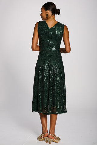 Patterned Sequin V-Neckline Midi Dress, Dark Green