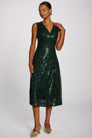 Patterned Sequin V-Neckline Midi Dress, Dark Green