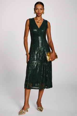 Patterned Sequin V-Neckline Midi Dress, Dark Green