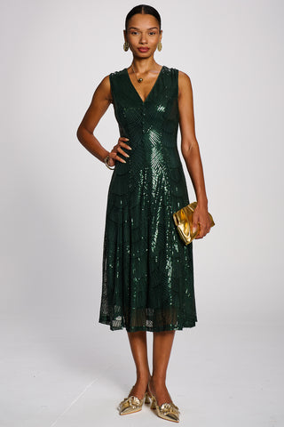 Patterned Sequin V-Neckline Midi Dress, Dark Green