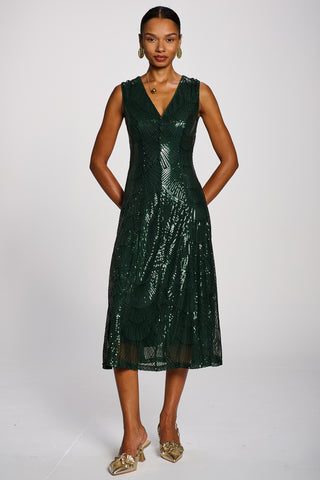 Patterned Sequin V-Neckline Midi Dress, Dark Green