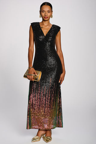 Multi-tone Patterned Sequin Maxi Dress, Black Multi