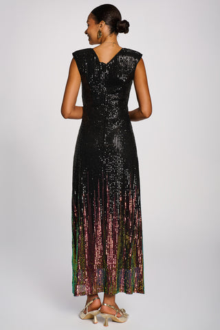 Multi-tone Patterned Sequin Maxi Dress, Black Multi