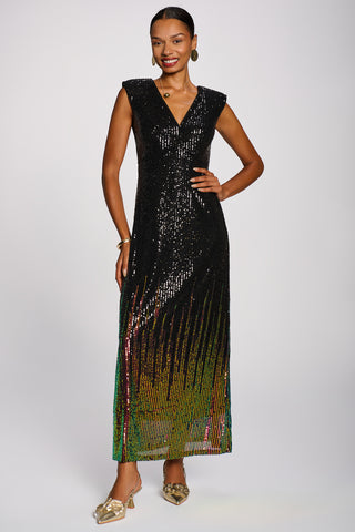 Multi-tone Patterned Sequin Maxi Dress, Black Multi