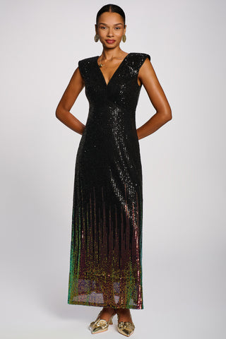 Multi-tone Patterned Sequin Maxi Dress, Black Multi