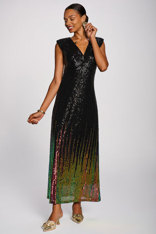 Multi-tone Patterned Sequin Maxi Dress, Black Multi