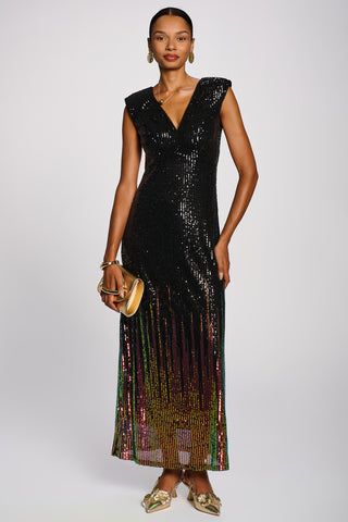 Multi-tone Patterned Sequin Maxi Dress, Black Multi