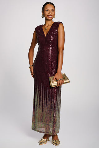 Multi-tone Patterned Sequin Maxi Dress, Burgundy Multi