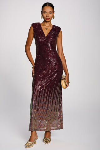 Multi-tone Patterned Sequin Maxi Dress, Burgundy Multi